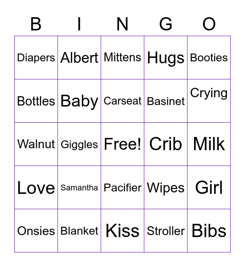 Samantha's Baby Shower Bingo Card