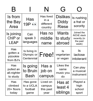 AIChE Orientation Bingo Card