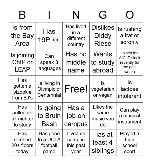 AIChE Orientation Bingo Card