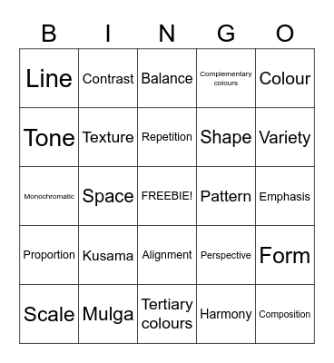 Visual Art Bingo Card