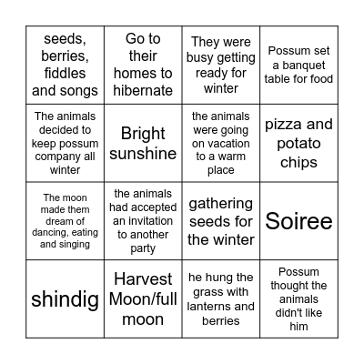 Possum's Harvest Moon Bingo Card