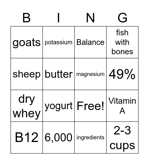 Dairy Review Bingo Card