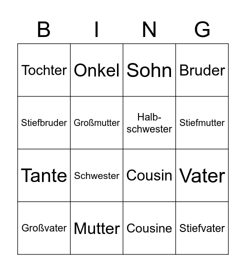 Familie Bingo Card