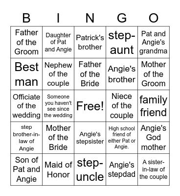 Pat & Angie's 25th Wedding Anniversary Bingo Card