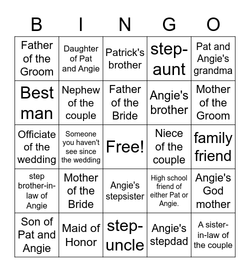 Pat & Angie's 25th Wedding Anniversary Bingo Card