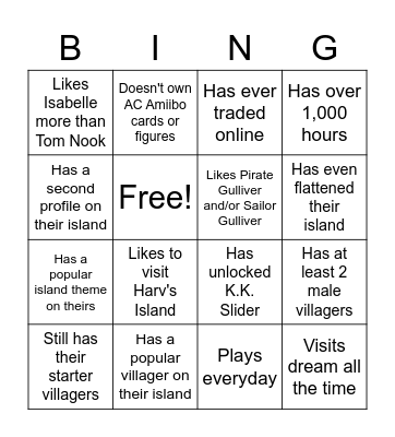 Animal Crossing: New Horizons Bingo Card