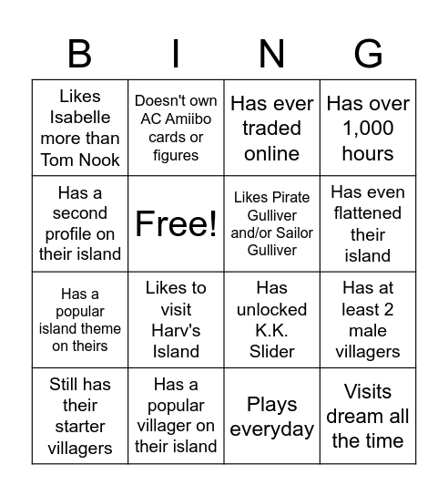 Animal Crossing: New Horizons Bingo Card