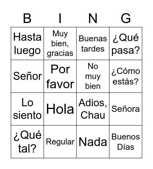 Spanish Greetings Bingo Card