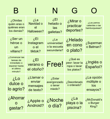 ¿Esto o Aquello? Bingo Card