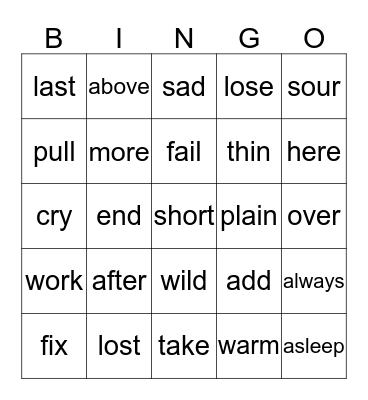 Opposites Attract Bingo! Bingo Card