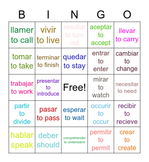 Present Tense Regular Verbs Bingo Card