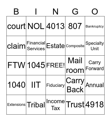 Specialty Unit Bingo Card