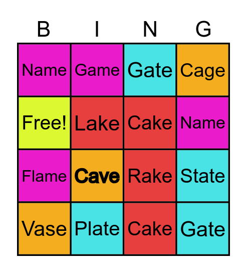 Long A Words Bingo Card