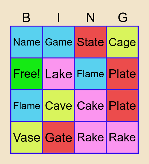 Long A Words Bingo Card