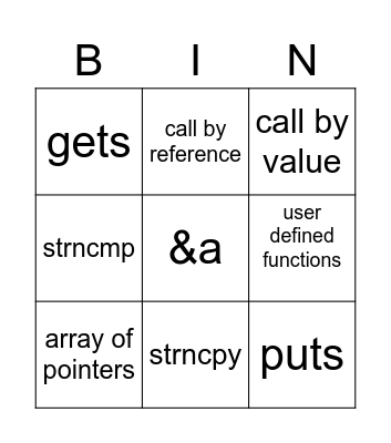 Strings and pointers Bingo Card