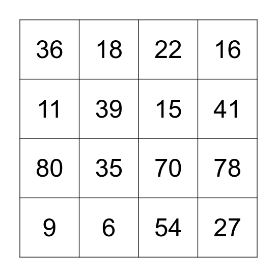 Number Bingo Card