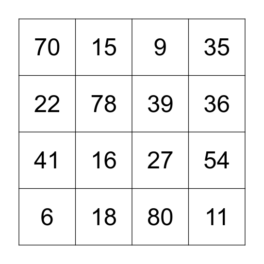 Number Bingo Card