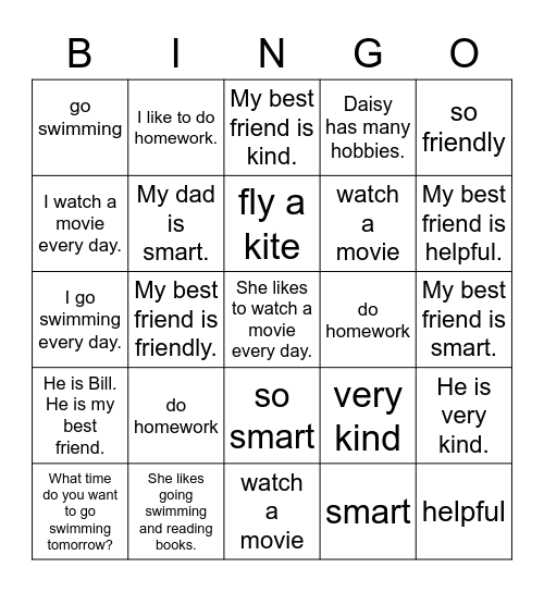 Speaking & Reading Unit 3 Bingo Card