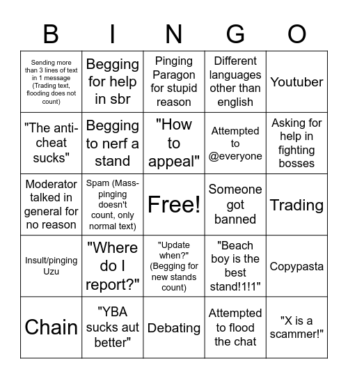 YBA discord general bingo! Bingo Card