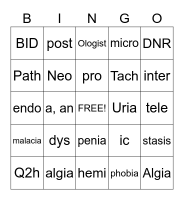 Medical Terminology Bingo Card