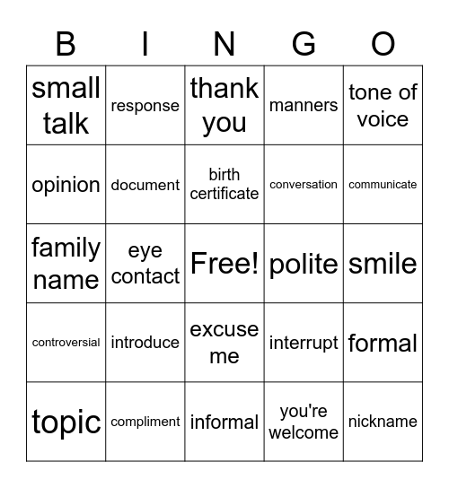 Manners & Customs Bingo Card