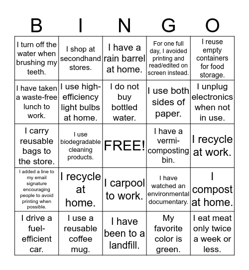 Earth Day Bingo Card