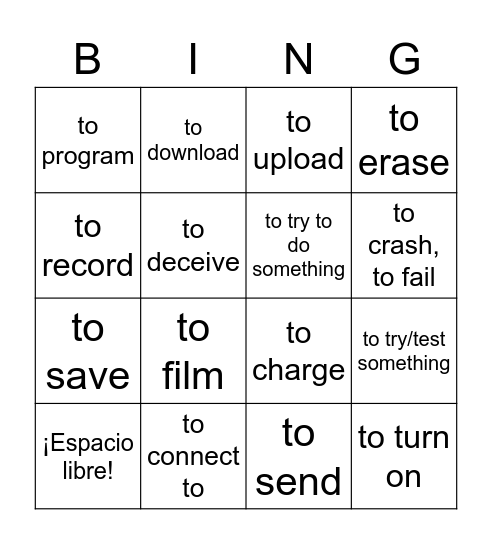 Verbos de tecnología Bingo Card