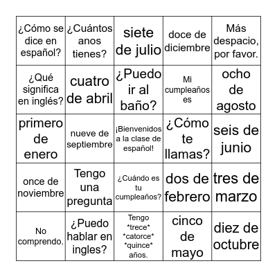 ¡Bienvenidos a la clase de español! Bingo Card