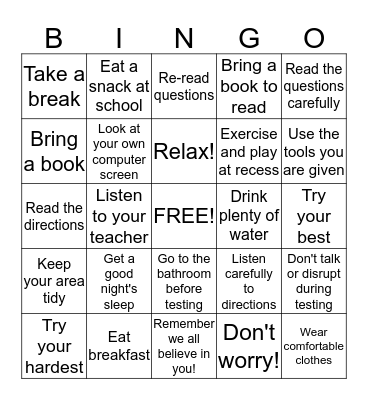 Test Taking Bingo Card