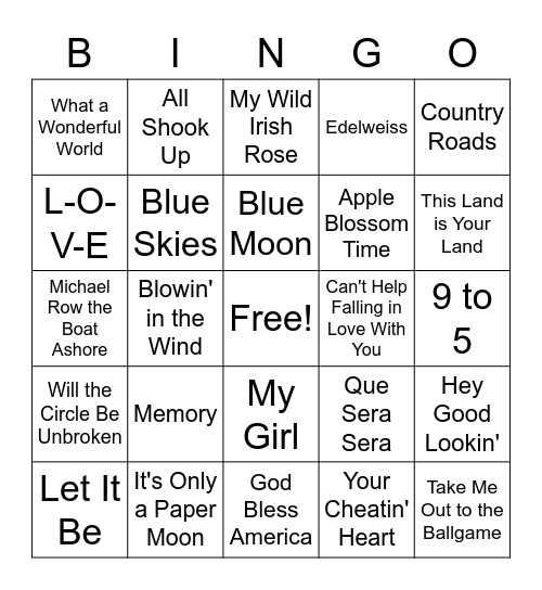 Name That Tune Bingo Card