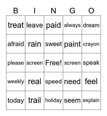 Spelling List 1.3 Bingo Card