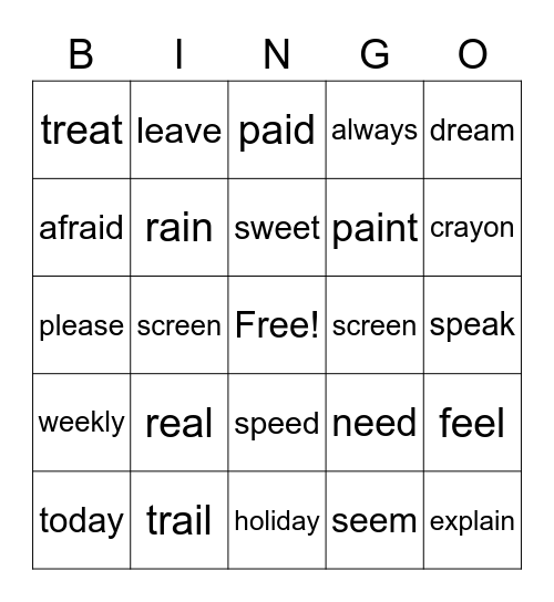 Spelling List 1.3 Bingo Card