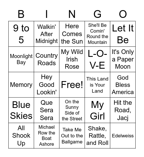 Name That Tune Bingo Card