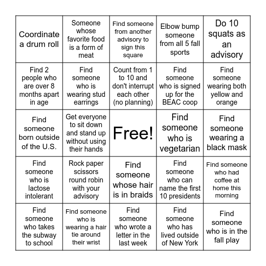 Advisory Bingo - must get a blackout Bingo Card