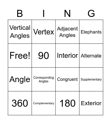 Angle Vocabulary Bingo Card