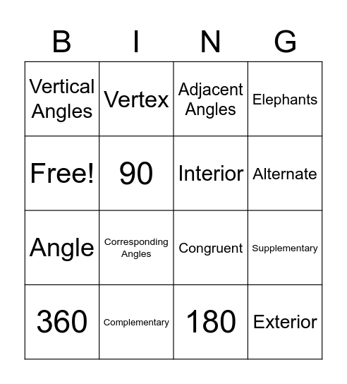 Angle Vocabulary Bingo Card