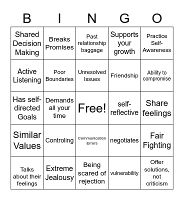 Healthy Relationship Bingo Card