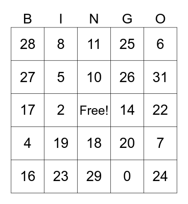 Spanish numbers Bingo Card