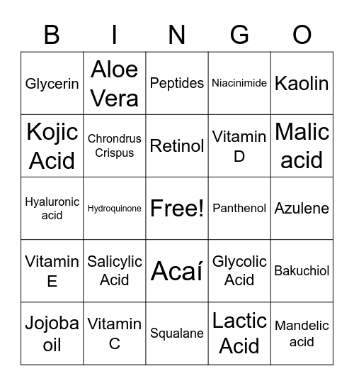 Esthetician Vocabulary Bingo Card