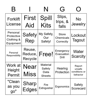 Health and Safety Bingo Card