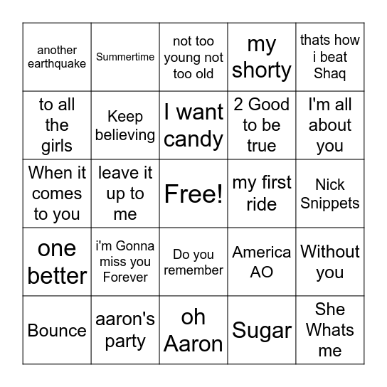 Aaron Carter bingo Card