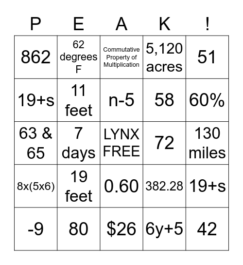 7th Grade Math Bingo Card