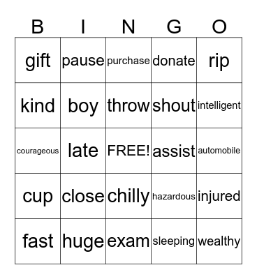 Mila vs. Nadirah Synonym Bingo! Bingo Card