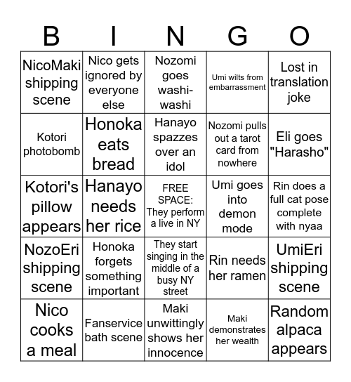 Love Live! The School Idol Movie Bingo Card