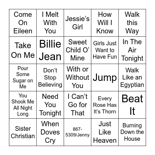 Popular 80's Songs Bingo Card