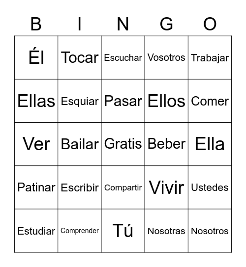 Regular Spanish Verbs Bingo Card