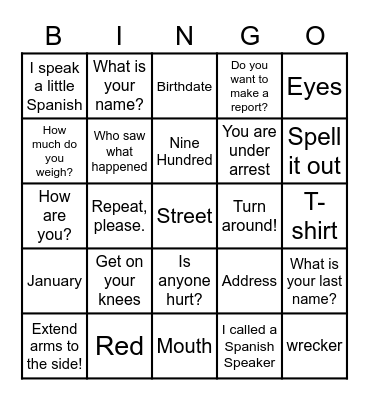 Police Spanish Bingo Card