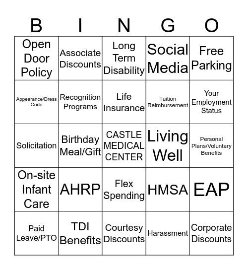 Welcome to Castle Medical Center Bingo Card
