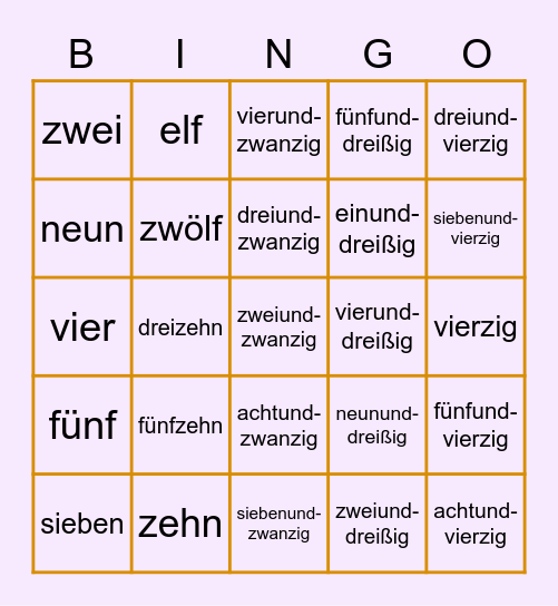 die Zahlen (0 - 49) Wörter Bingo Card
