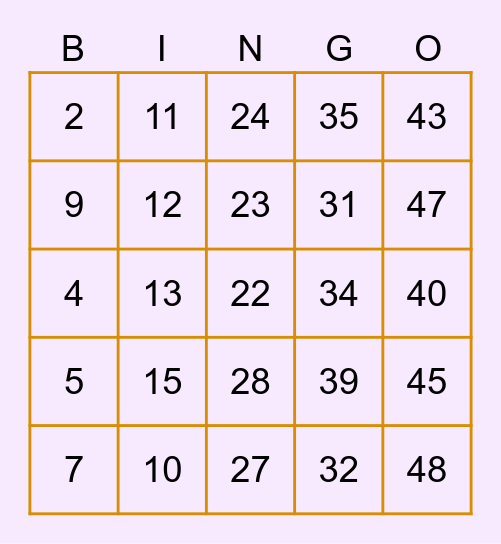 die Zahlen (0 - 49) Bingo Card